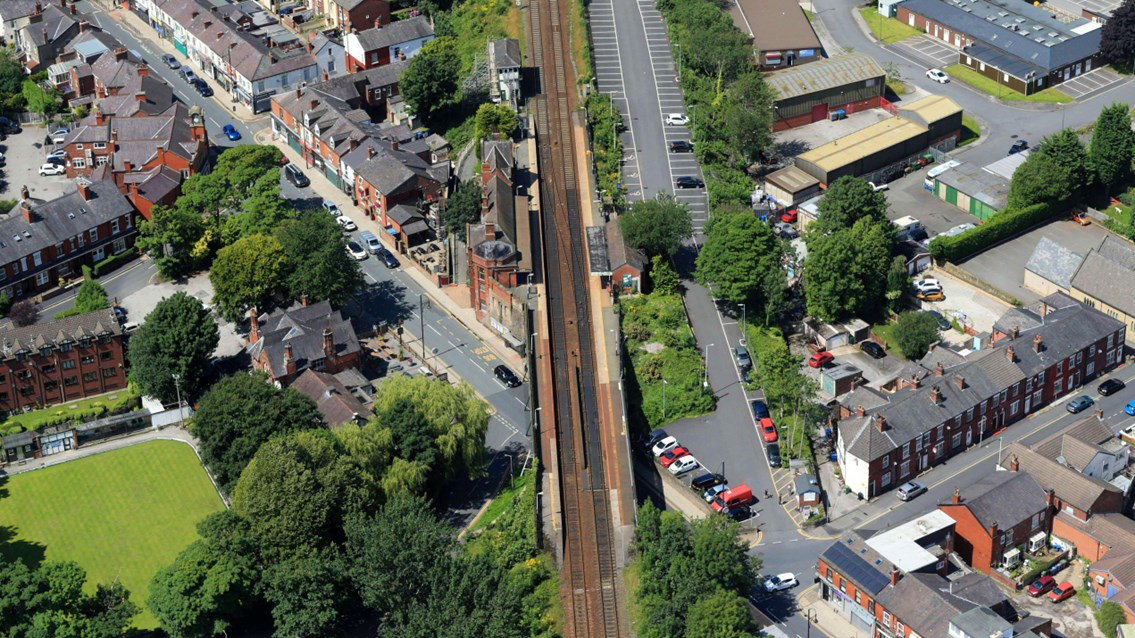 Romiley station platform upgrades to boost future rail capacity: Romiley station aerial view 2 - Credit Network Rail Air Operations