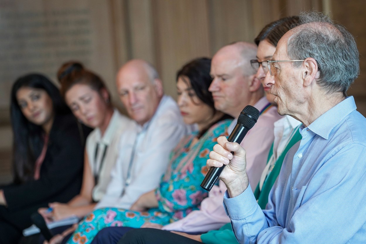 Marmot launch 7: A panel discussion at the launch of the new Marmot partnership. Pictured left to right are Councillor Salma Arif, Louise Forrest (GIPSIL), Tim Ryley (NHS West Yorkshire Integrated Care Board), Fatima Khan-Shah (WYCA), Leeds City Council chief executive Tom Riordan, Leeds City Council director of public health Victoria Eaton and Professor Sir Michael Marmot.