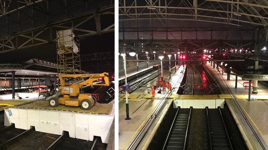 Composite of Manchester Piccadilly roof repairs over Christmas