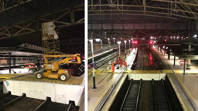 Polystyrene platforms bridge the gap during Piccadilly roof repairs: Composite of Manchester Piccadilly roof repairs over Christmas