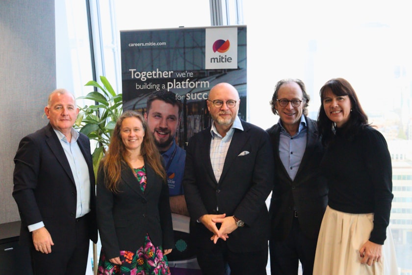 Jason Towse, Managing Director Business Services, Mitie, Jenny Herrera, COO, Good Business Charter, Rt Hon. Liam Byrne MP, Chair, Business and Trade Select Committee, Julian Richer, Founder, Good Business Charter and Kathryn Dolan, Chief People Officer, Mitie, pictured at Good Business Charter accreditation launch breakfast reception