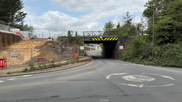 Wymondham subway construction to affect rail services from Saturday 5 July to Monday 7 July inclusive: View of the current site at Wymondham from the south – the subway will be installed to the left of the railway bridge