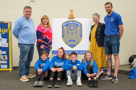 Cllrs Richardson, Cowan and McKay with acting HT Stephen Spooner with young people from P7