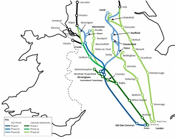 Map highlighting the how HS2 relieves network capacity: Released capacity works by moving long-distance traffic from our current rail network onto HS2’s new high-speed line, creating the extra room needed to improve local, regional and freight services. 

When complete, HS2 will add greater capacity along the UK’s current main North-South rail routes; West Coast, East Coast and Midland main lines.