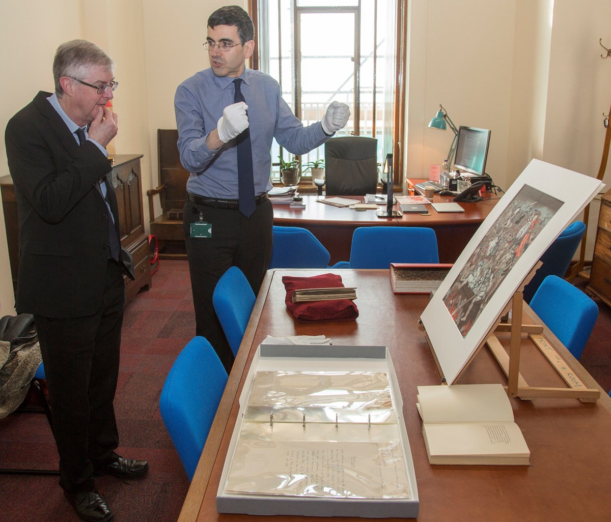 First Minister - World Book Day, is shown original excerpts from Mabinogion at National Library of Wales