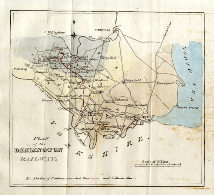 Robert Morrow's grave: Map of the original planned route of the Stockton and Darlington railway, taken from the prospectus of 1821. Source Wikimedia Commons.