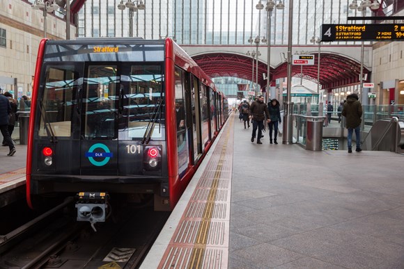 TfL Press Release - New DLR timetable promises quicker, easier and more comfortable journeys: TfL Image - DLR at Canary Wharf