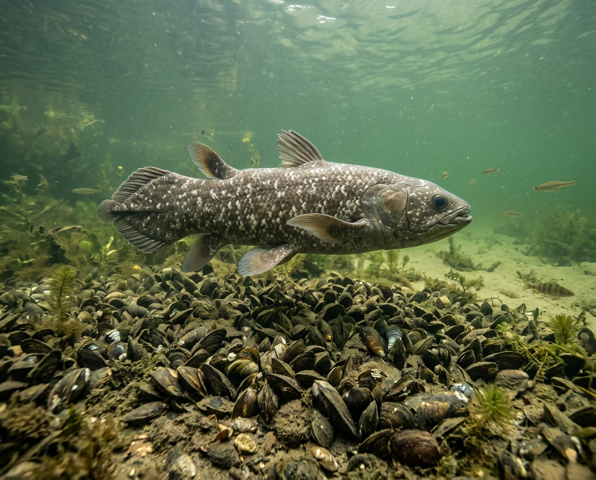 Coelacanth discovery: Artist's impression of how a coelacanth would have looked swimming above a bed of mussels at Roundhay Park 320 million years ago. Credit Ru Smith.