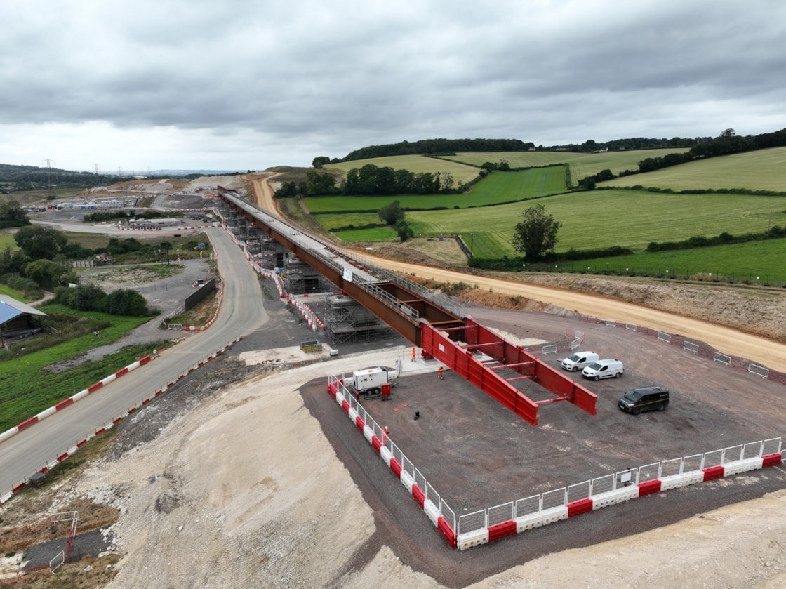 Aerial image of completion of 8 month Wendover Dean Viaduct deck slide - Aug 2024