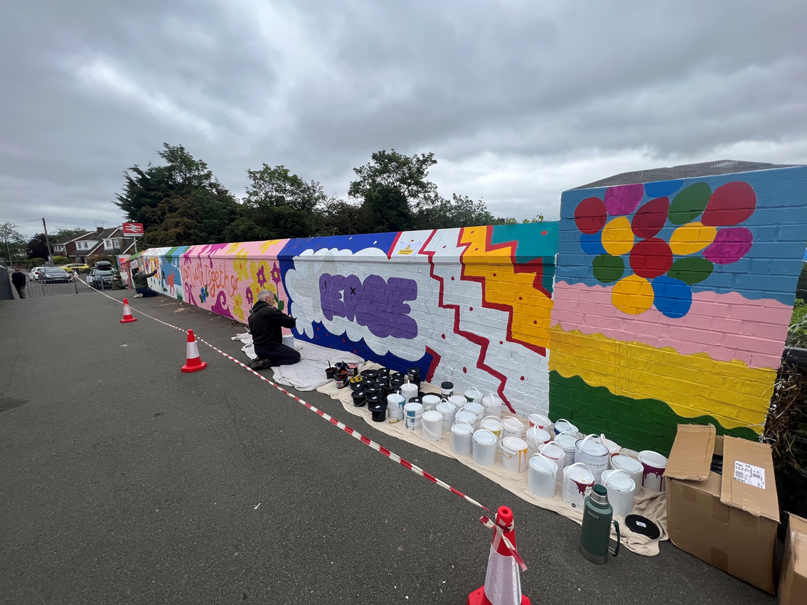 South Wigston mural in the process of being painted 2