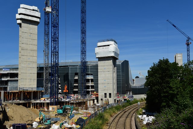 Brentford Football Stadium under construction by the railway