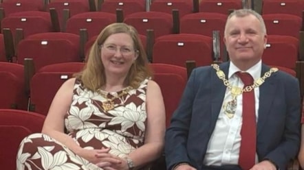 Mayoress Su Lowe, Mayor of Dudley Councillor Pete Lowe with the new seating at Stourbridge Town Hall