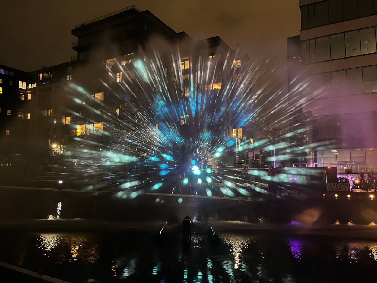 Light Night 2024: At Leeds Dock, Norwegian artist Anastasia Isachsen’s stunning Monad, was projected onto the water, taking inspiration from nature and the universe and accompanied by a compelling soundscape.