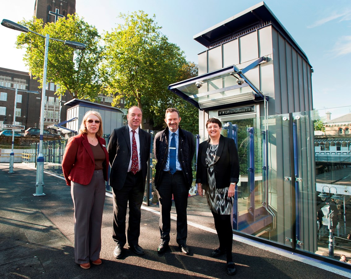Fiona Taylor, route managing director, Network Rail; Norman Baker MP, minister for transport; Charles Horton, managing director, Southeastern; and Val Shawcross, London Assembly member, Lambeth and Southwark, at the opening of facilities at Denmark Hill