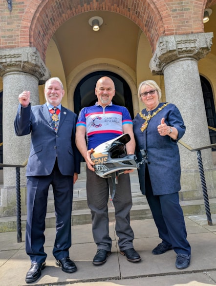 Fundraiser Stephen Griffiths with the mayor of dudley and the mayor's consort