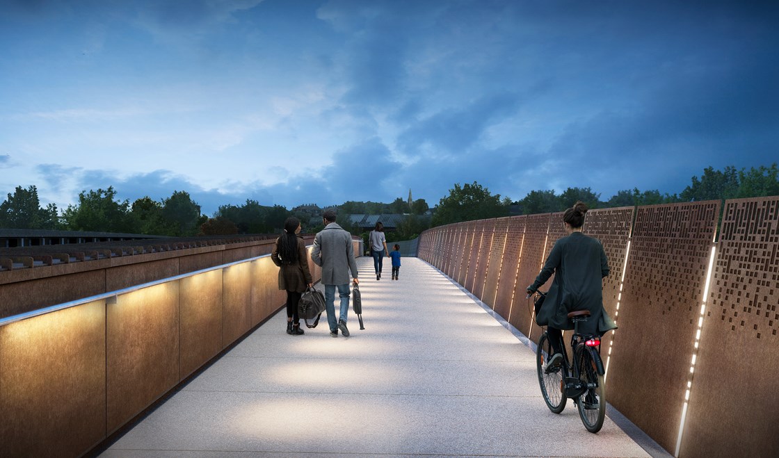 View of Aston Church Road Overbridge walkway at night