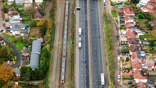 Rail investment between London and Luton forges ahead this November: Aerial view of the Midland main line beside the M1 - Credit  Network Rail Air Operations