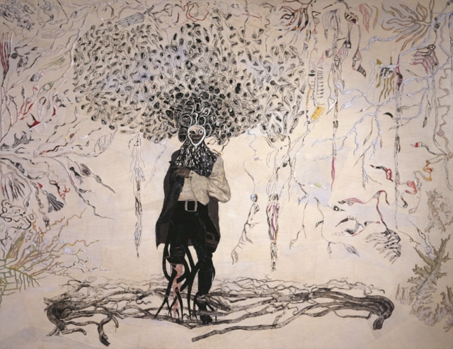 Ellen Gallagher, Bird in Hand, 2006. Oil, ink, cut paper, polymer medium, salt and gold leaf on canvas 307 x 238 cm / 120 7/8 x 93 3/4 inches Tate, UK © Ellen Gallagher Courtesy the artist and Hauser & Wirth Photo: Mike Bruce