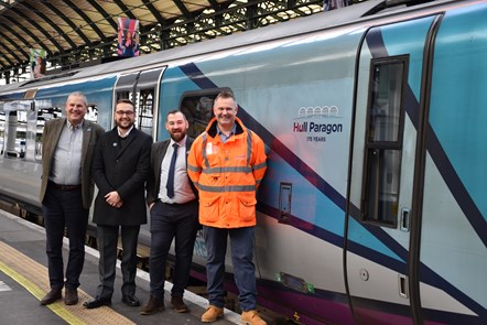 (L-R) Former Station Managers, Pete Myres, Daniel Dreggs, Daniel Fox and current Station Manger for TPE, Ben Courtney, celebrate the newly named Hull Paragon 175
