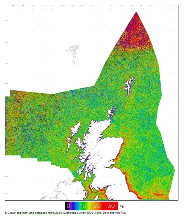 An ocean colour image: Mean colour front frequency across four seasons. Colour fronts occur with relatively higher mean frequency in areas including the Aberdeenshire coast, Luce Bay and the Mull of Galloway and to the west of the Uists.