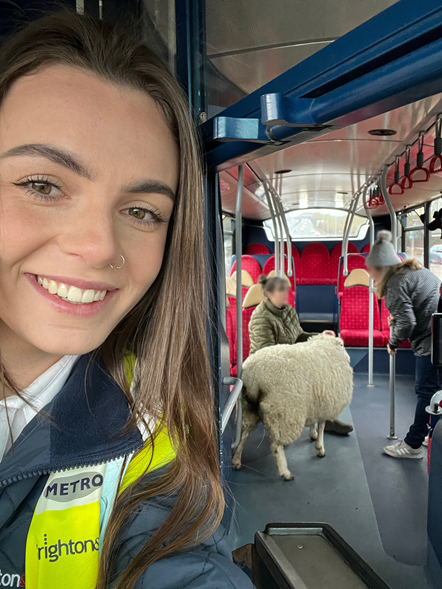 Martine with runaway sheep on bus-2