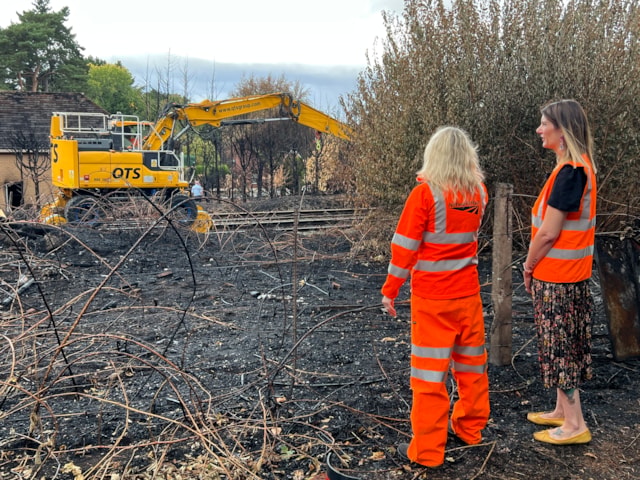 Denise Wetton and Cat Eccles MP observing railway recovery work in Stourbridge: Denise Wetton and Cat Eccles MP observing railway recovery work in Stourbridge