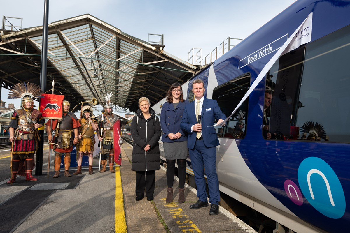 David Brown (Northern MD) is joined by Cllr Karen Shore (Deputy Leader of Cheshire West and Chester Council) and Mary Hewitt (Arriva's Strategy and Policy Director)  - as well as four Roman soldiers - at the launch of new trains for Chester.