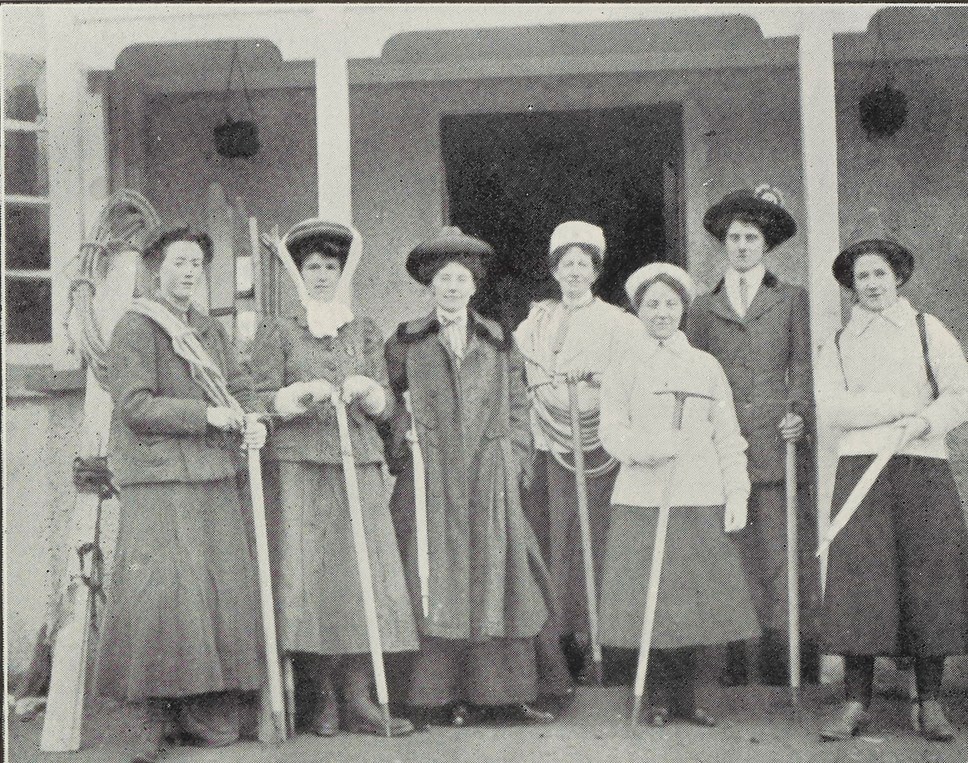 Jane Inglis Clark of Edinburgh (pictured holding ropes) , a founding member of the Ladies' Scottish Climbing Club. Members are pictured ahead of a New Year outing in 1909.