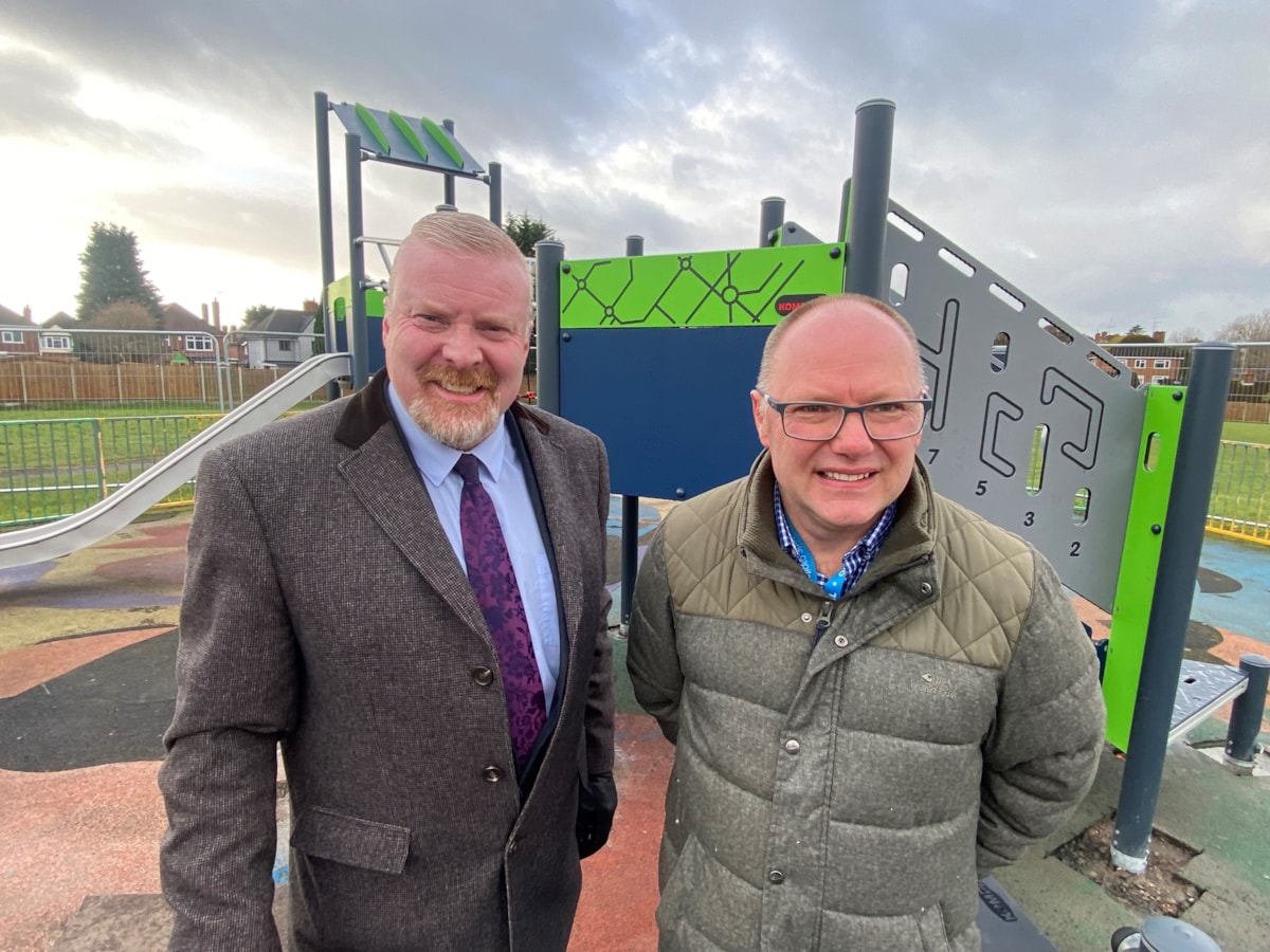 Cllr Damian Corfield with Daniel Fildes by Kent Road play equipment