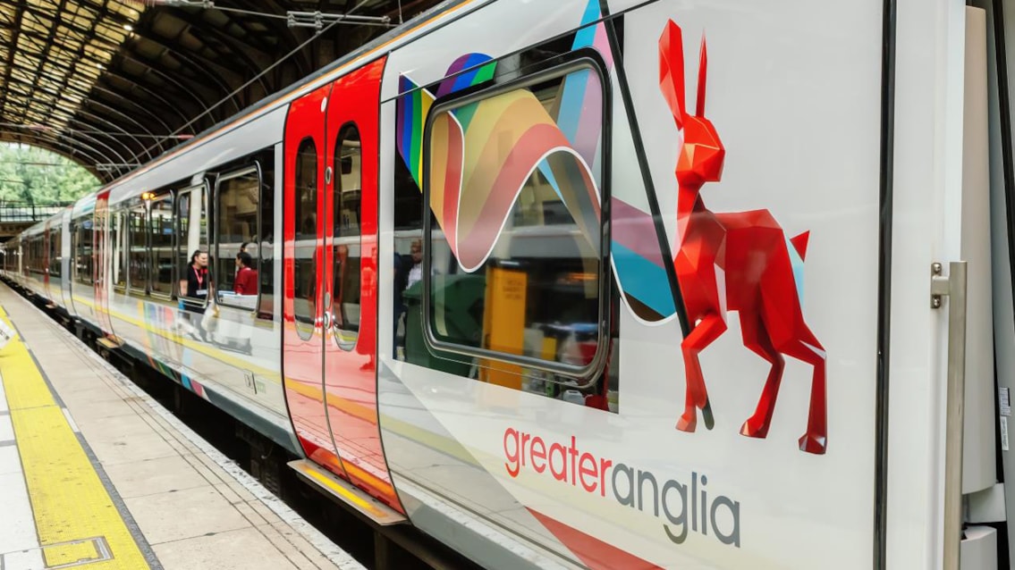 Railway in Anglia supports travel to Pride events across the region this summer: Pride train Liverpool Street