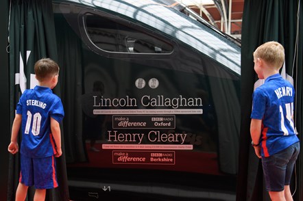BBC Make A Difference Superstars Henry Cleary, eight, right, and Lincoln Callaghan, six, have become the youngest to have their names on the side of a train