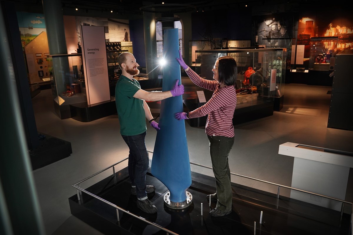 Curator Ellie Swinbank and conservator Alex Walton install the Nova tidal  turbine blade at the National Museum of Scotland. Image © Stewart Attwood  (1) | National Museums Scotland News