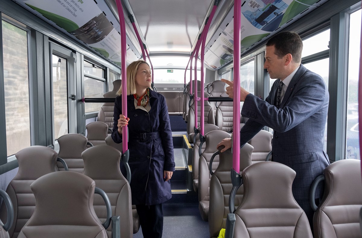 Scottish Minister for Transport, Jenny Gilruth and Scotland MD Duncan Cameron on board the new electric fleet: Scottish Minister for Transport, Jenny Gilruth and Scotland MD Duncan Cameron on board the new electric fleet