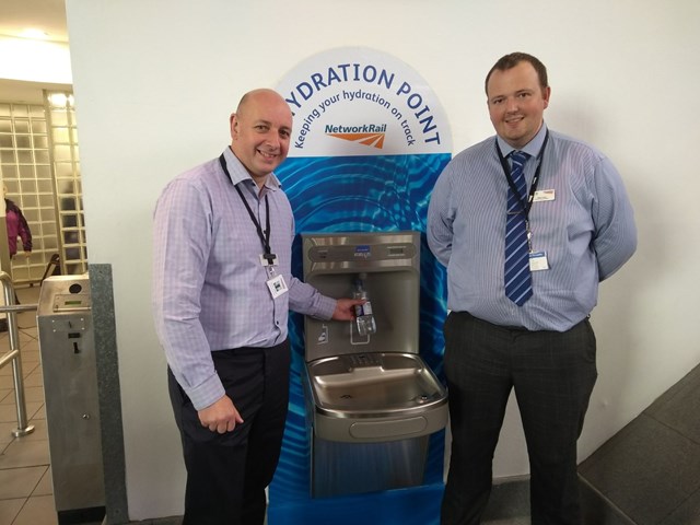 Network Rail makes a splash at Manchester Piccadilly station: L-R Chris White and Matt Jump from Network Rail