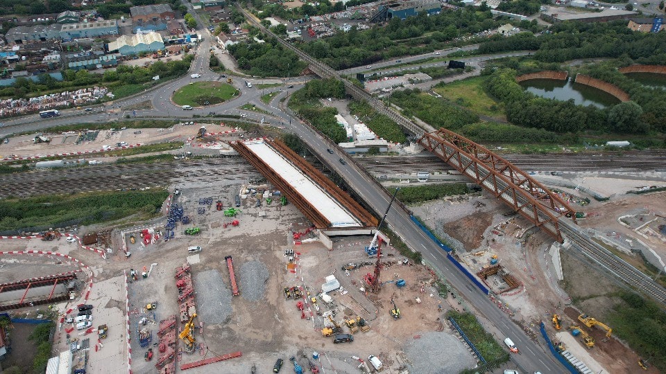 Aerial view of the new Aston Church Road bridge in position