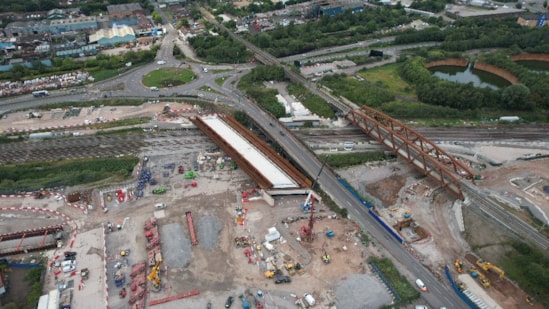 Aerial view of the new Aston Church Road bridge in position