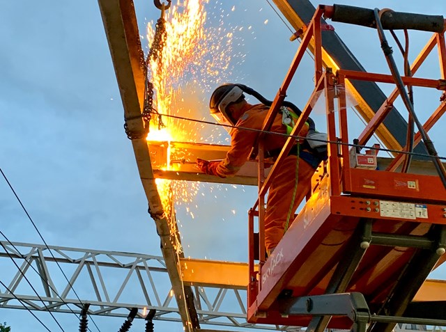 Steelwork cutting at Euston station removing platform canopy