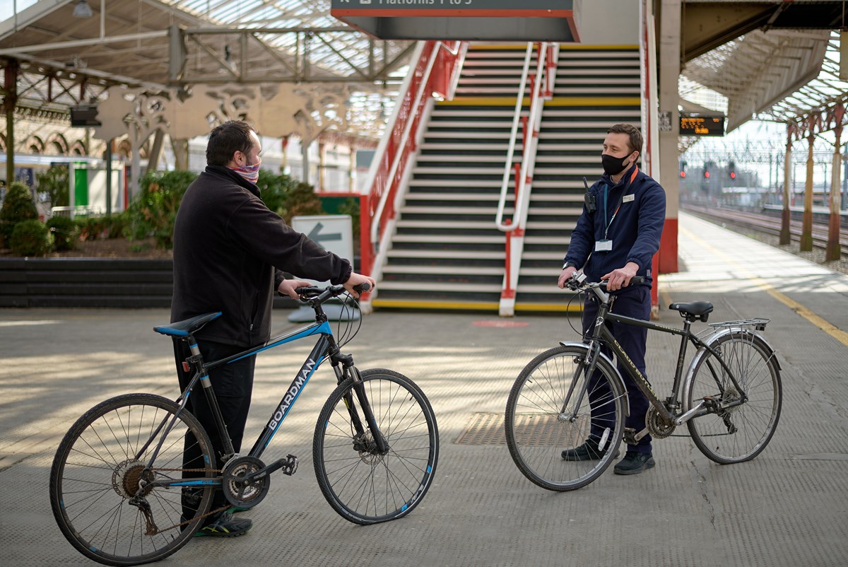 Avanti West Coast Crewe Bikes 4: L - R: Jon (Community Recycle Cycles volunteer); Danny Pope (Avanti West Coast Customer Service Assistant)