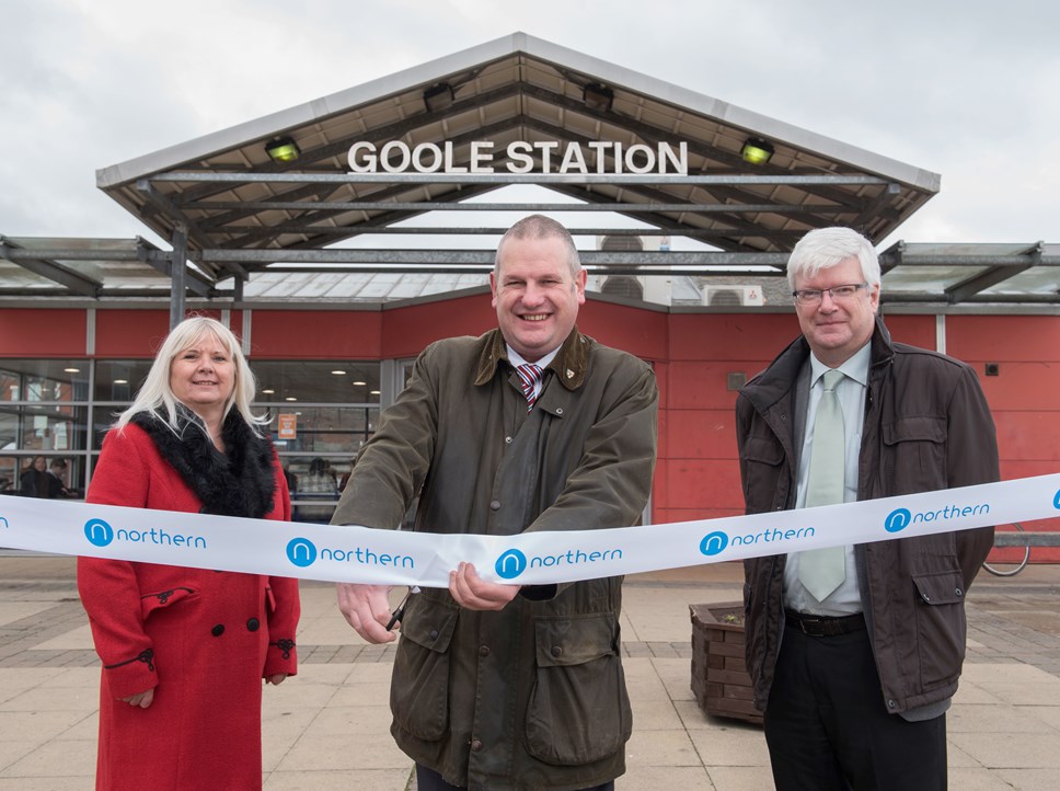 Stakeholder manager Pete Myers cuts the ribbon at Goole after improvements are completed at the station
