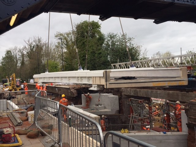 Railway reopens after successful Easter upgrades are completed on time: The new bridge deck being installed at Albrighton station