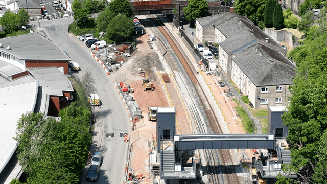 Passengers along Ebbw Vale line thanked for their patience as line reopens following latest stage of multi-million-pound transformation: Llanhilleth station aerial HERO