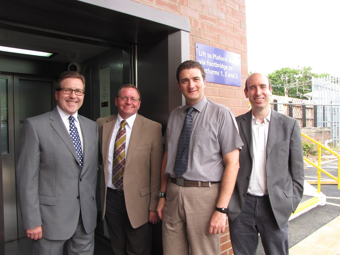 Mark Hunter MP and local councillors at Cheadle Hulme station: Mark Hunter MP together with Stockport Metropolitan Borough Council colleagues at the entrance to one of three new lifts at Cheadle Hulme station.

l-r Mark Hunter MP; Cllr Lenny Grice, chair of planning and highways; Cllr Stuart Bodsworth, executive member for children and young people; Ian Roberts, executive councillor for transport.