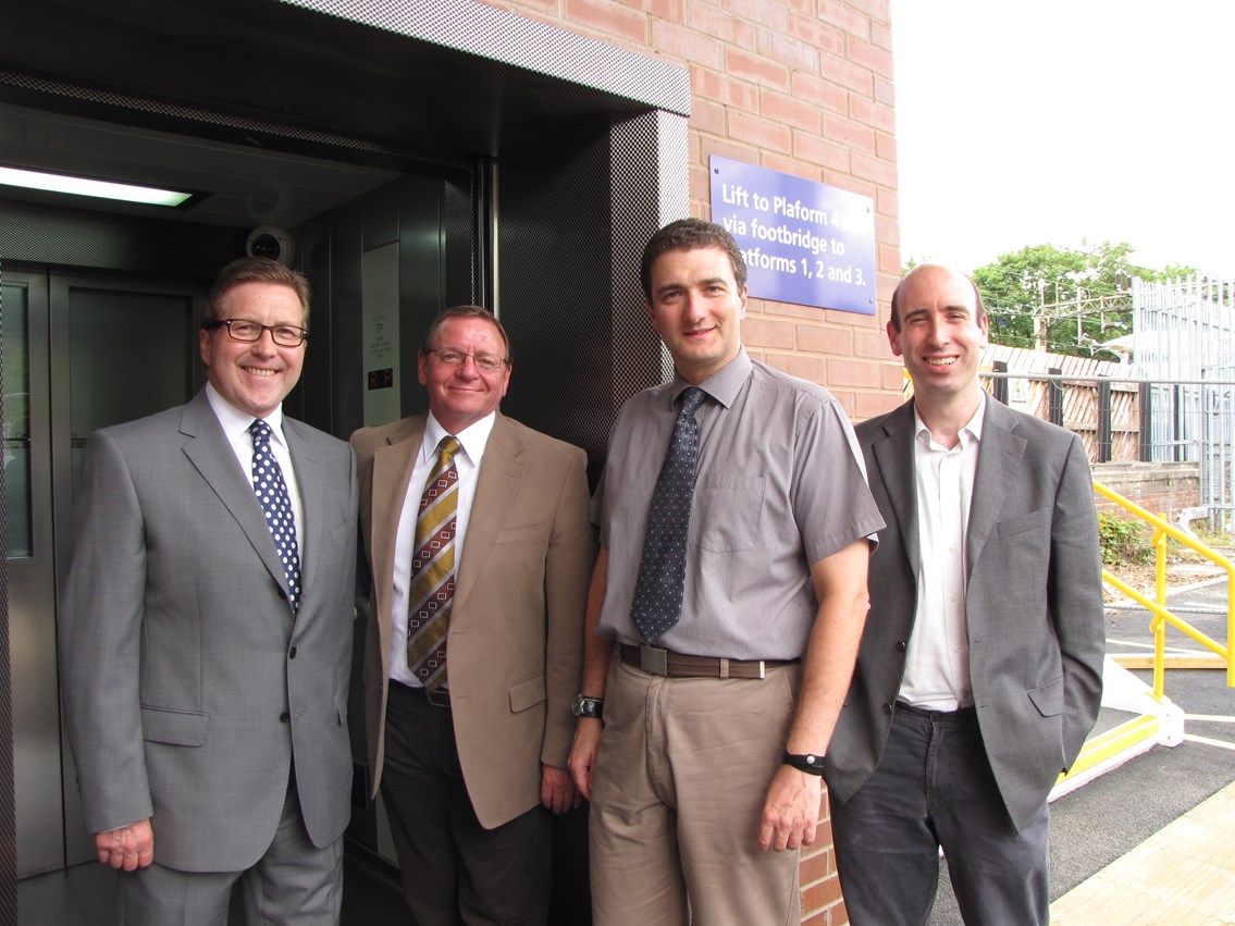 Mark Hunter MP and local councillors at Cheadle Hulme station: Mark Hunter MP together with Stockport Metropolitan Borough Council colleagues at the entrance to one of three new lifts at Cheadle Hulme station.
l-r Mark Hunter MP; Cllr Lenny Grice, chair of planning and highways; Cllr Stuart Bodsworth, executive member for children and young people; Ian Roberts, executive councillor for transport.