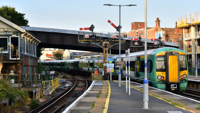 A Southern train arrives at Hastings station: A Southern train arrives at Hastings station