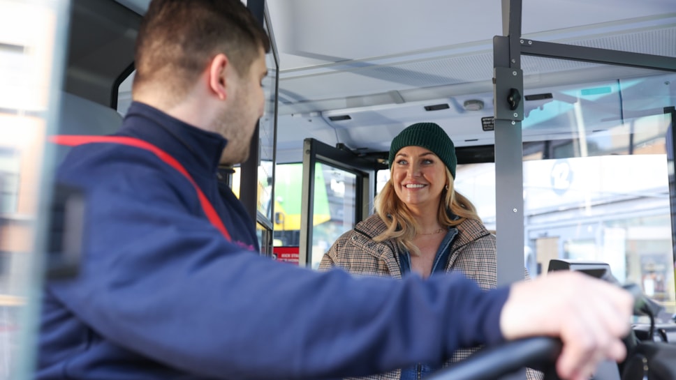 Josie Gibson on board a First Bus