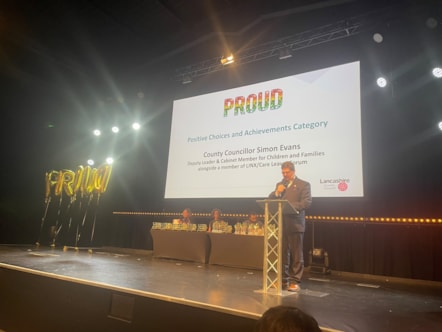 County Councillor Simon Evans, cabinet member for Children and Families, speaking at the PROUD Awards 2026.