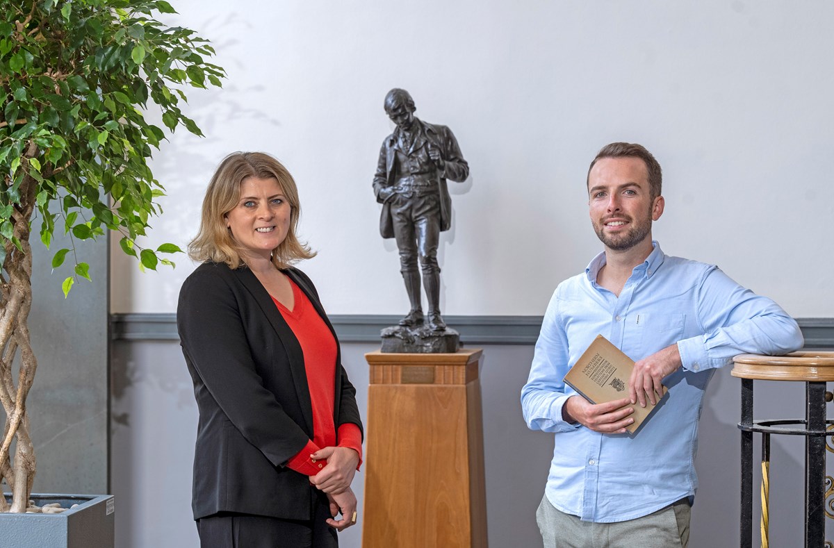 National Librarian Amina Shah welcomes Shane Strachan, Scots Scriever for 2022-23. He is about to undertake a year-long writer's residency at the National Library of Scotland. Credit: Neil Hanna.