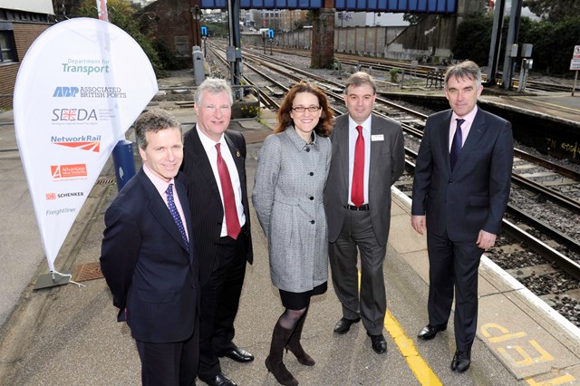 Official Opening of Southampton - Nuneaton Freight Upgrade: From left: Patrick Walters (Associated British Ports); Rob Douglas (South East England Development Agency); Rt Hon Theresa Villiers MP (Transport Minister); Nigel Jones (DB Schenker); Robin Gisby (Network Rail)

Marking the official opening of the upgraded freight route between Southampton and the West Midlands to allow larger freight containers to be transported more efficiently.  In the background is Southampton tunnel, which was the largest single element of the two-year project.