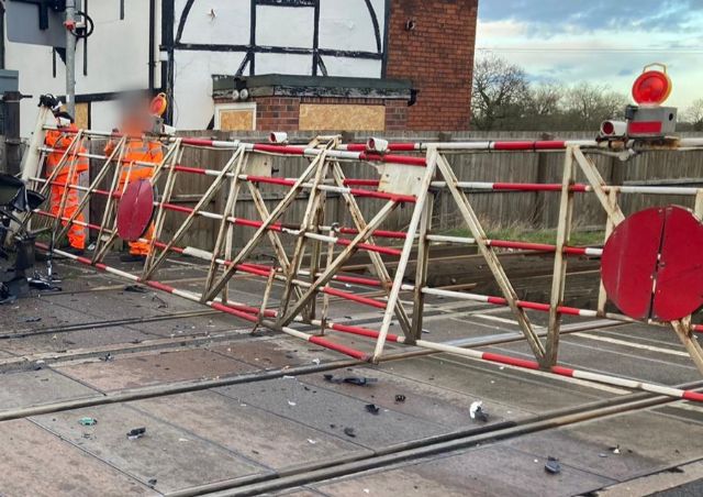 Level crossing in Hilton closed as emergency repairs take place following traffic collision: A5132 Hilton Level Crossing, damaged gates, Network Rail