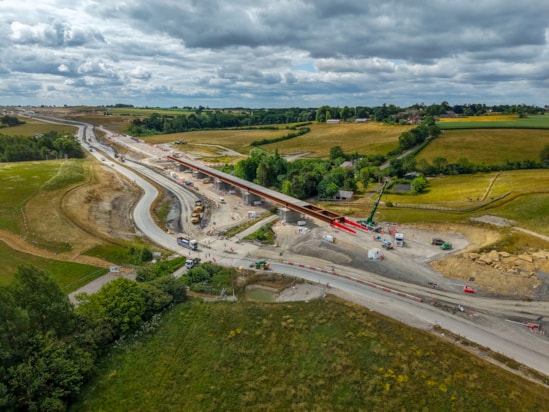 Aerial view of Lower Thorpe Viaduct deck installed in final position June 2025: Aerial view of Lower Thorpe Viaduct deck installed in final position June 2025
